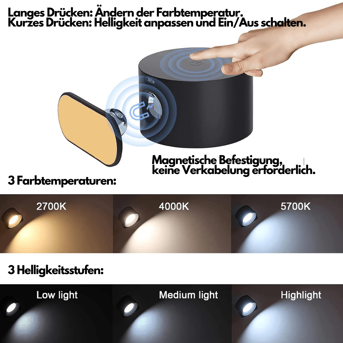 Floroux - Lampe murale sans fil innovante avec orientation flexible à 360° et contrôle tactile