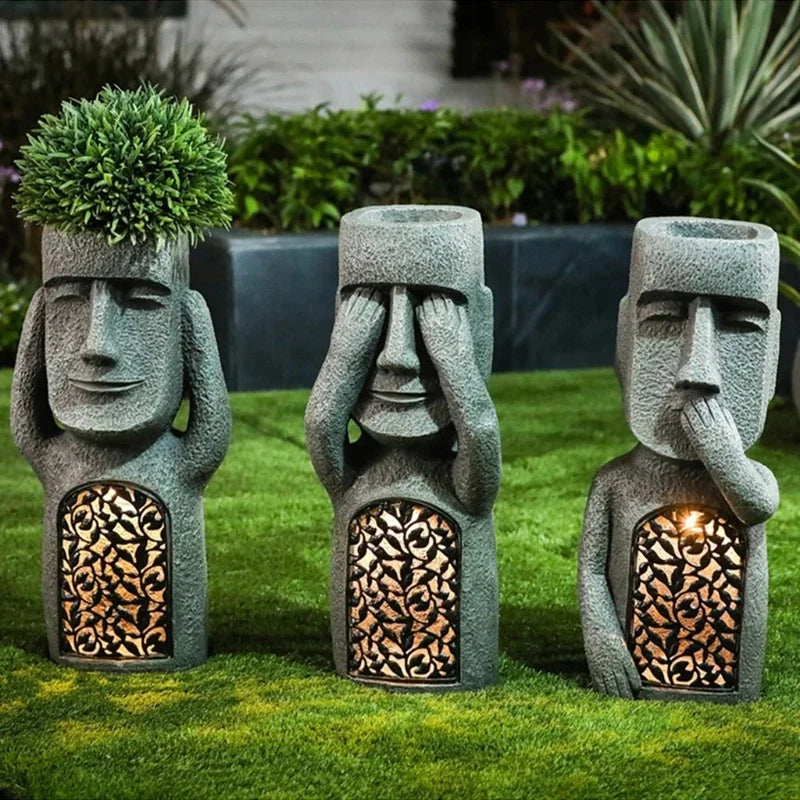 Statue de l'île de Pâques, pot de fleurs – Éclairage LED – pour l'extérieur – décoration de jardin