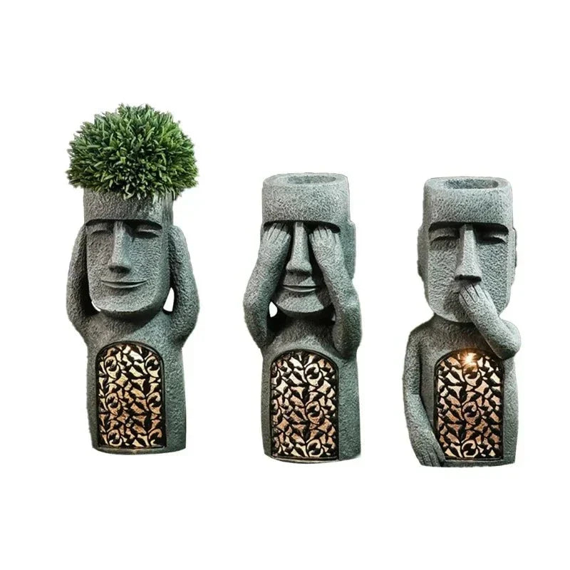 Statue de l'île de Pâques, pot de fleurs – Éclairage LED – pour l'extérieur – décoration de jardin