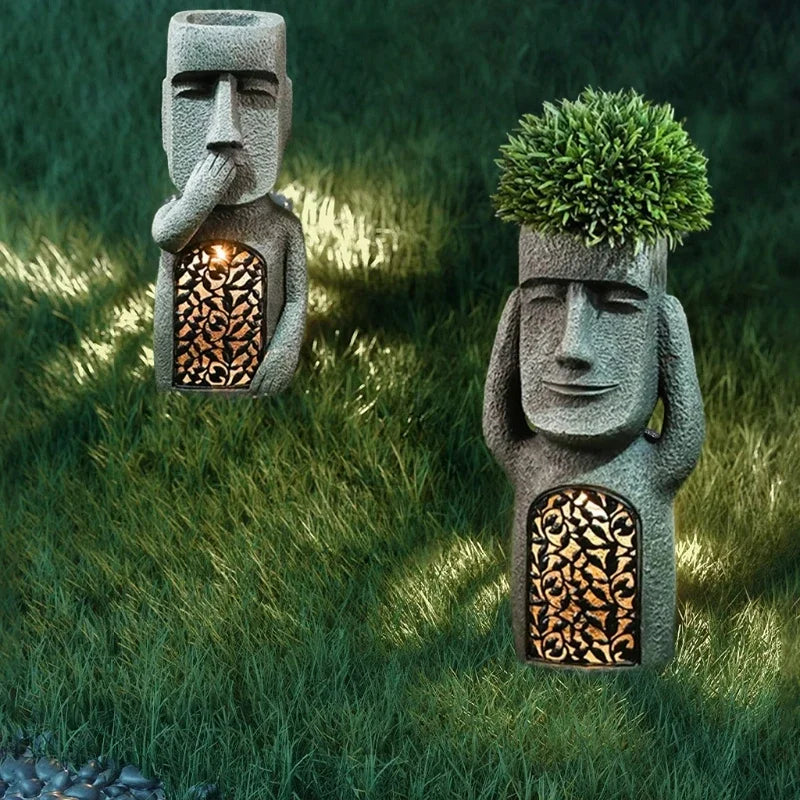 Statue de l'île de Pâques, pot de fleurs – Éclairage LED – pour l'extérieur – décoration de jardin