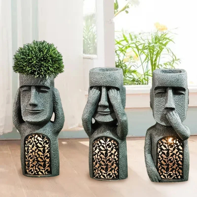 Statue de l'île de Pâques, pot de fleurs – Éclairage LED – pour l'extérieur – décoration de jardin