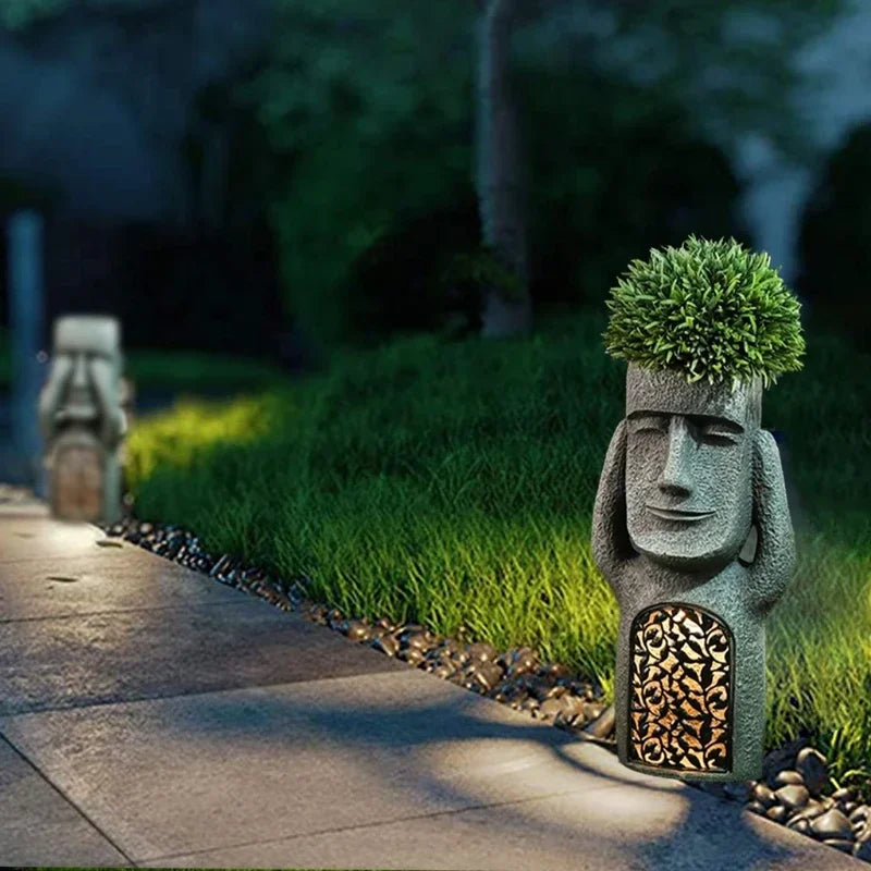 Statue de l'île de Pâques, pot de fleurs – Éclairage LED – pour l'extérieur – décoration de jardin