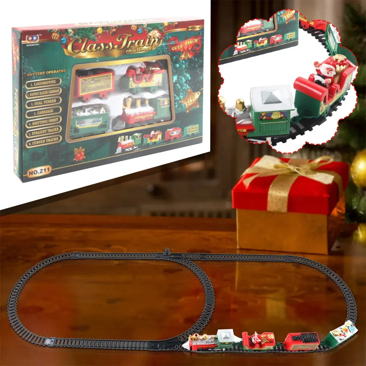 Ensemble de train électrique de Noël écologique - Piste pour enfants, cadeau de vacances sûr et décoration d'arbre avec thème de Noël 216 cm (85 pouces)