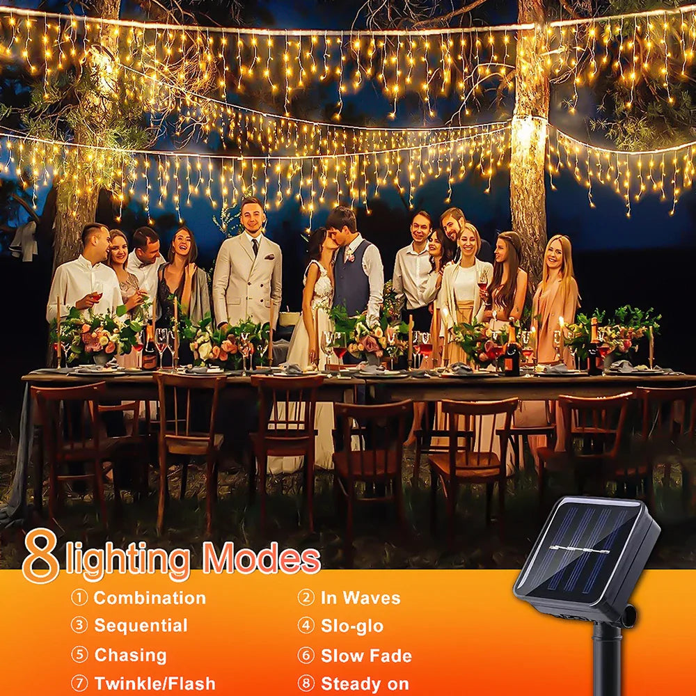 Guirlande lumineuse icicle solaire étanche - Décor de Noël d'extérieur avec 96 LED, 8 modes et télécommande pour jardin, patio, fête 3,5 m (137,7 pouces)