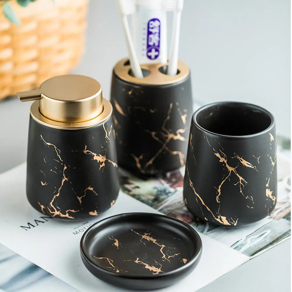 Floroux Nordic Ensemble de Salle de Bain | Ensemble de 4 Pièces en Marbre | Accessoires de Bain Luxueux | Élégant & Pratique