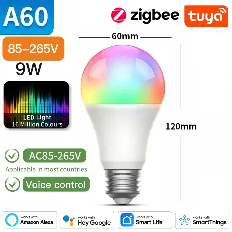 Ampoule Intelligente Tuya Zigbee E27 - RGB Contrôlée par Wifi via les applications SmartLife Google Alexa