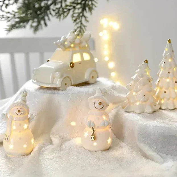 Bonhomme de neige en céramique lumineux – Figurine décorative festive pour des soirées d'hiver chaleureuses
