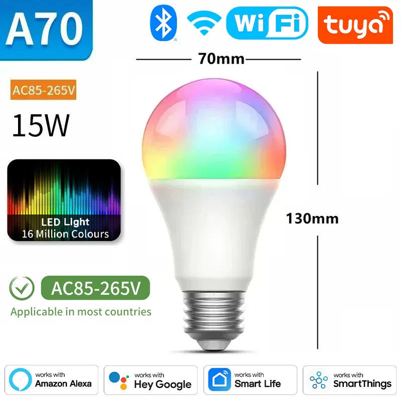 Ampoule Intelligente Tuya E27 10W 15W - RGB Dimmable Contrôle WiFi Bluetooth via SmartLife Google Alexa Apps