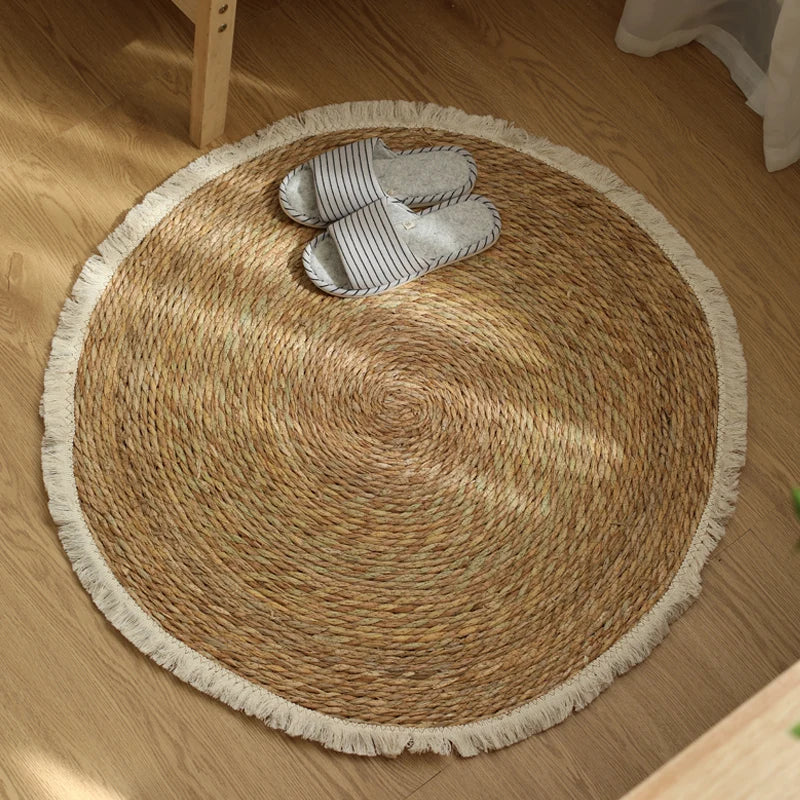 Tapis rond en jute et rotin fait main avec franges – tapis vintage pour chambre, salon et entrée