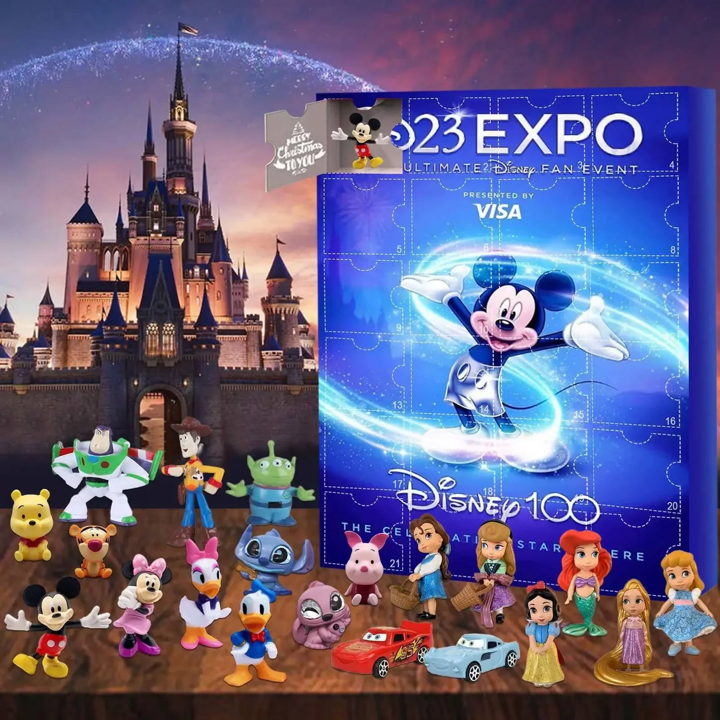 Calendrier de l'Avent de Noël 2024 avec des jouets Mickey, Minnie, Stitch et Hello Kitty pour enfants