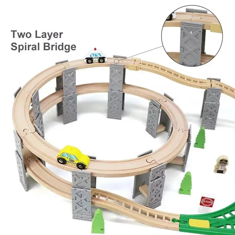 Set de rails de train en bois avec pistes en spirale et piliers de pont - 26 pièces Cadeau écologique pour enfants