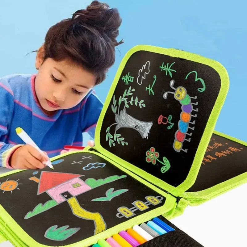 Tableau de dessin magique à 6 côtés pour enfants - tableau éducatif effaçable avec 3 crayons à craie, côtés transparent et noir, activité de coloriage amusante