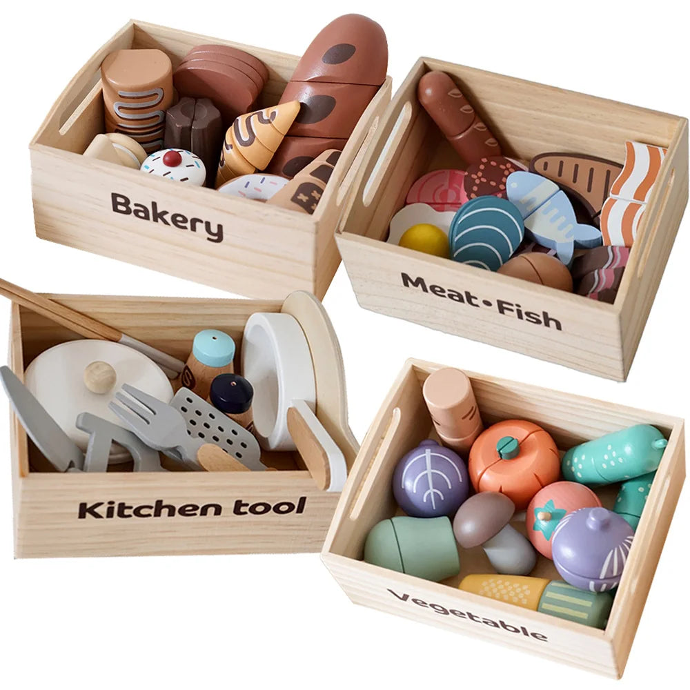 Ensemble de jeu de cuisine en bois pour enfants avec accessoires alimentaires à découper - Fruits, Légumes et jouets de boulangerie