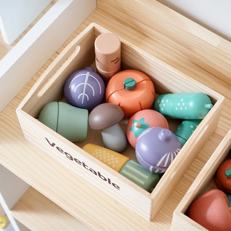 Ensemble de jeu de cuisine en bois pour enfants avec accessoires alimentaires à découper - Fruits, Légumes et jouets de boulangerie