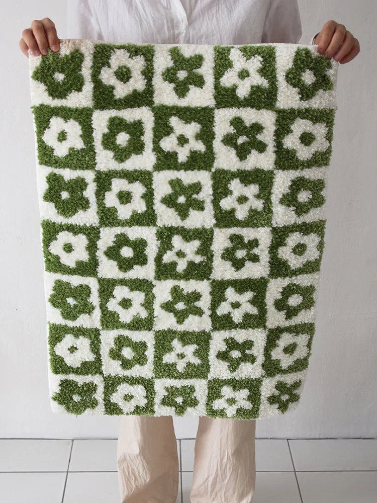 Tapis en laine douce tufté avec motif à carreaux floraux – Tapis de sol antidérapant et absorbant pour la salle de bain, la chambre et l'entrée