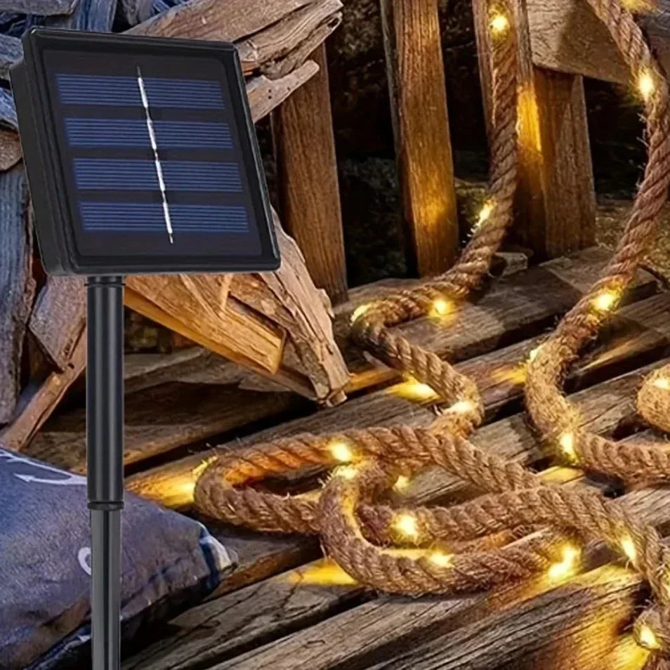 Floroux | Lampe en corde de chanvre alimentée par solaire | Éclairage décoratif durable pour jardin et terrasse
