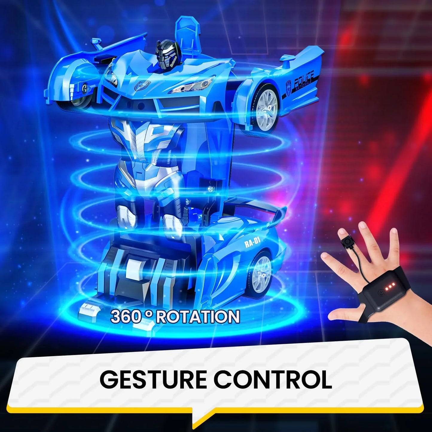 Voiture de police robot télécommandée à contrôle gestuel avec lumières LED - Jouet amusant pour enfants, transformation 2,4 GHz