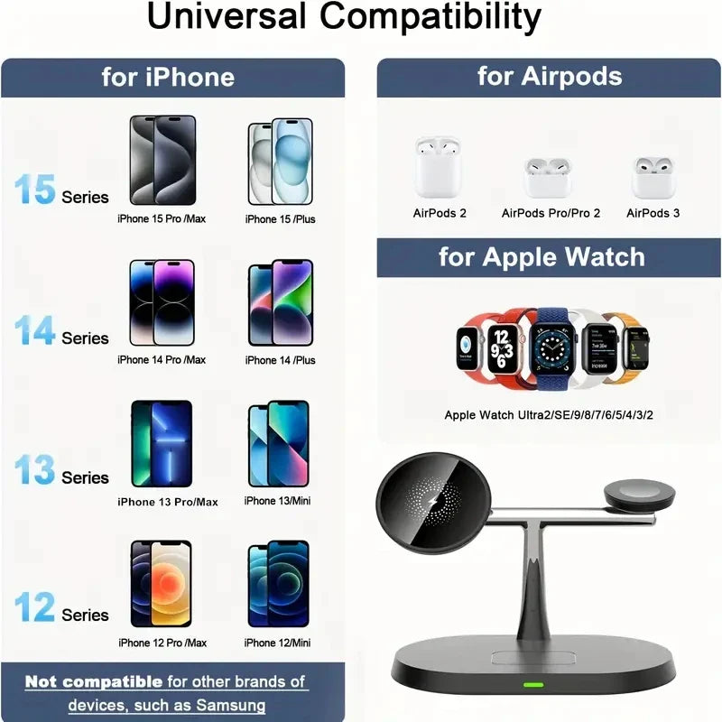 15W 3In1 MagSafe Support de Charge Sans Fil pour iPhone - Chargeur à Alimentation