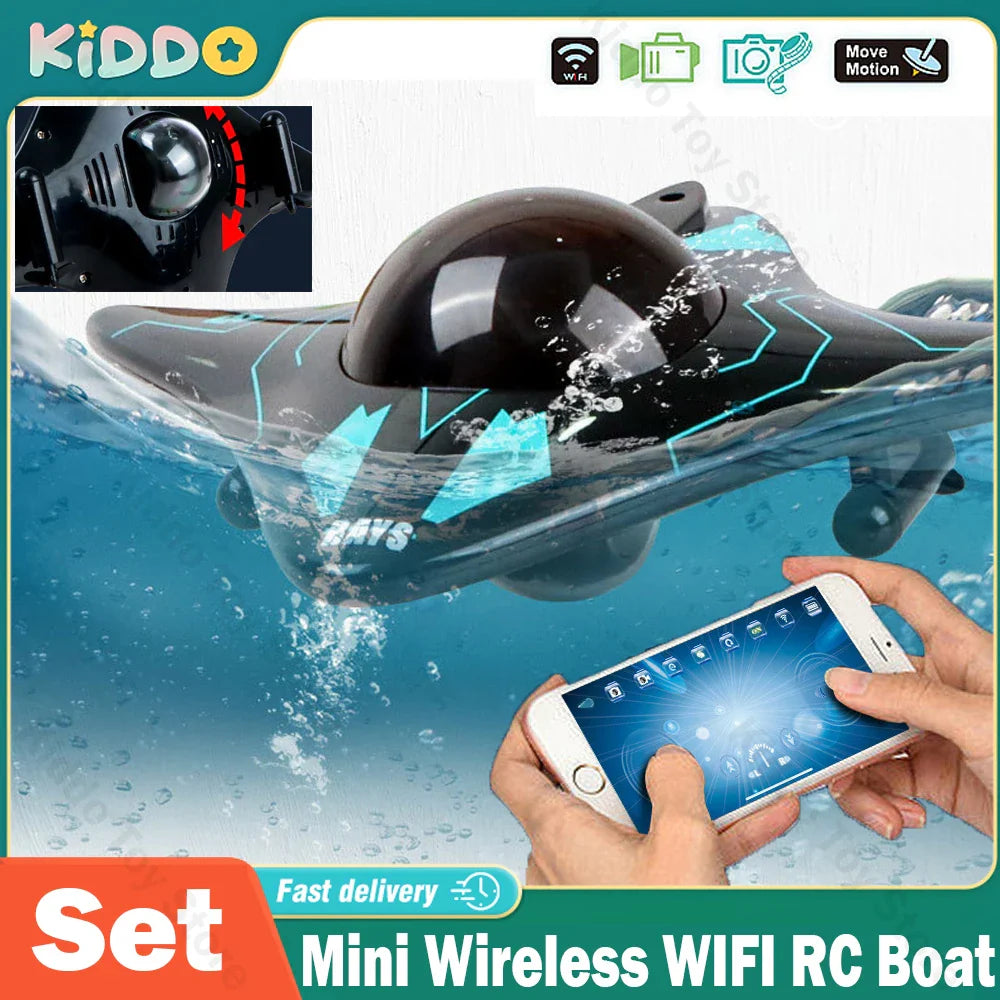 Bateau téléguidé mini WiFi avec caméra sous-marine - Transmission en temps réel, portée de 15 m, parfait pour les cadeaux de Noël des enfants