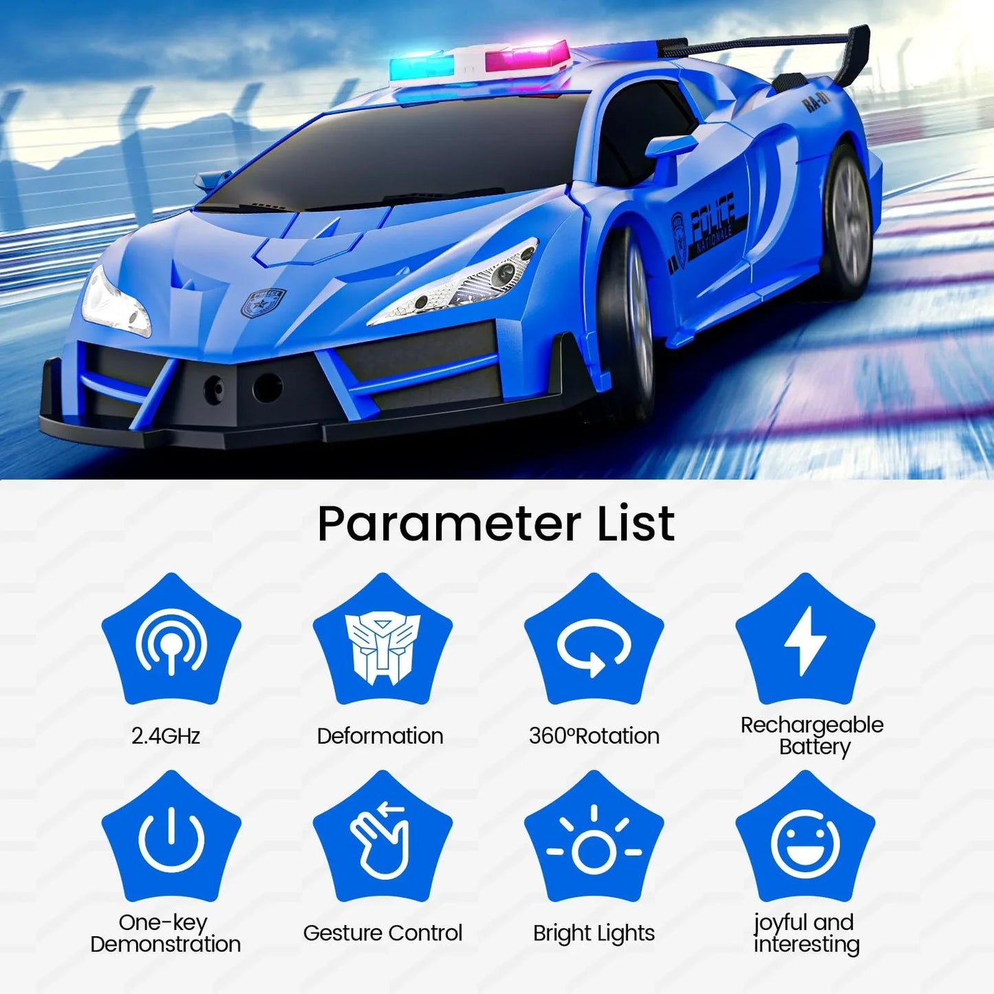 Voiture de police robot télécommandée à contrôle gestuel avec lumières LED - Jouet amusant pour enfants, transformation 2,4 GHz
