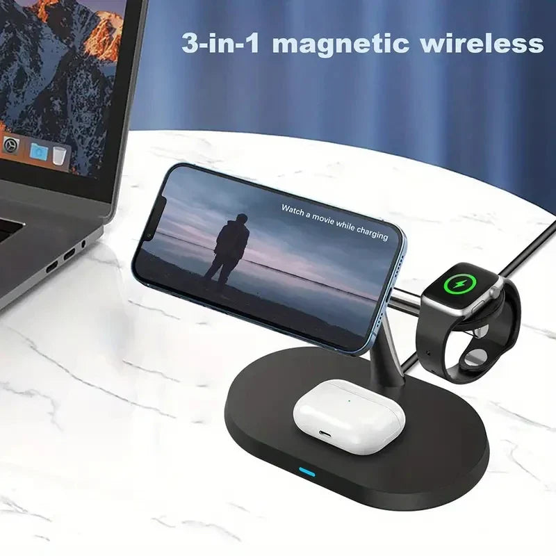 15W 3In1 MagSafe Support de Charge Sans Fil pour iPhone - Chargeur à Alimentation