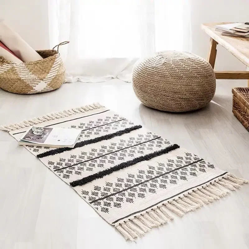 Tapis tissé à la main rétro-bohème 60x90 cm – Tapis à franges pour salon et décoration intérieure