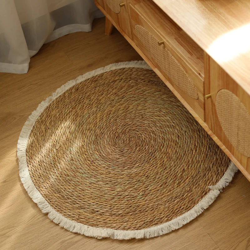Tapis rond en jute et rotin fait main avec franges – tapis vintage pour chambre, salon et entrée