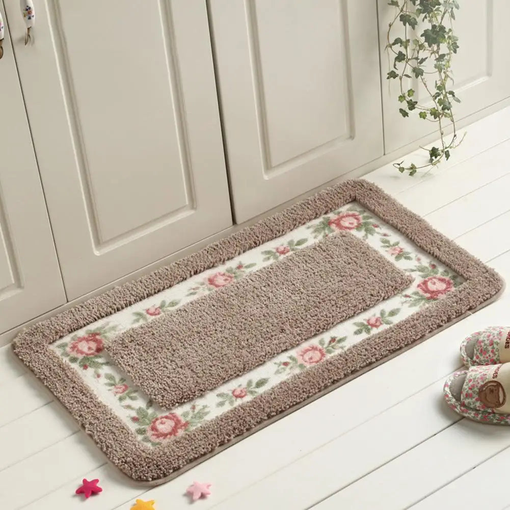 Tapis de salle de bain de style maison de campagne avec motif de rose - Tapis rectangulaire moelleux antidérapant et absorbant l'eau pour portes et sols