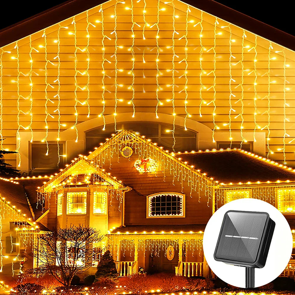 Guirlande lumineuse icicle solaire étanche - Décor de Noël d'extérieur avec 96 LED, 8 modes et télécommande pour jardin, patio, fête 3,5 m (137,7 pouces)
