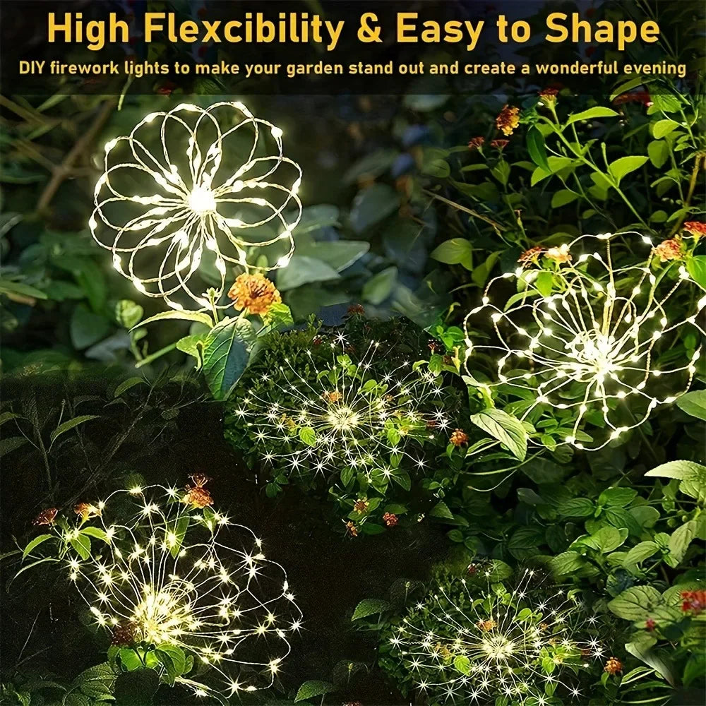 Lumières de Noël Colorées en Feu d'Artifice Solaire - 8 Modes Décor Étanche pour Jardins pour Fêtes en Extérieur, Terrasses et Allées - Design en Fil de Cuivre Flexible