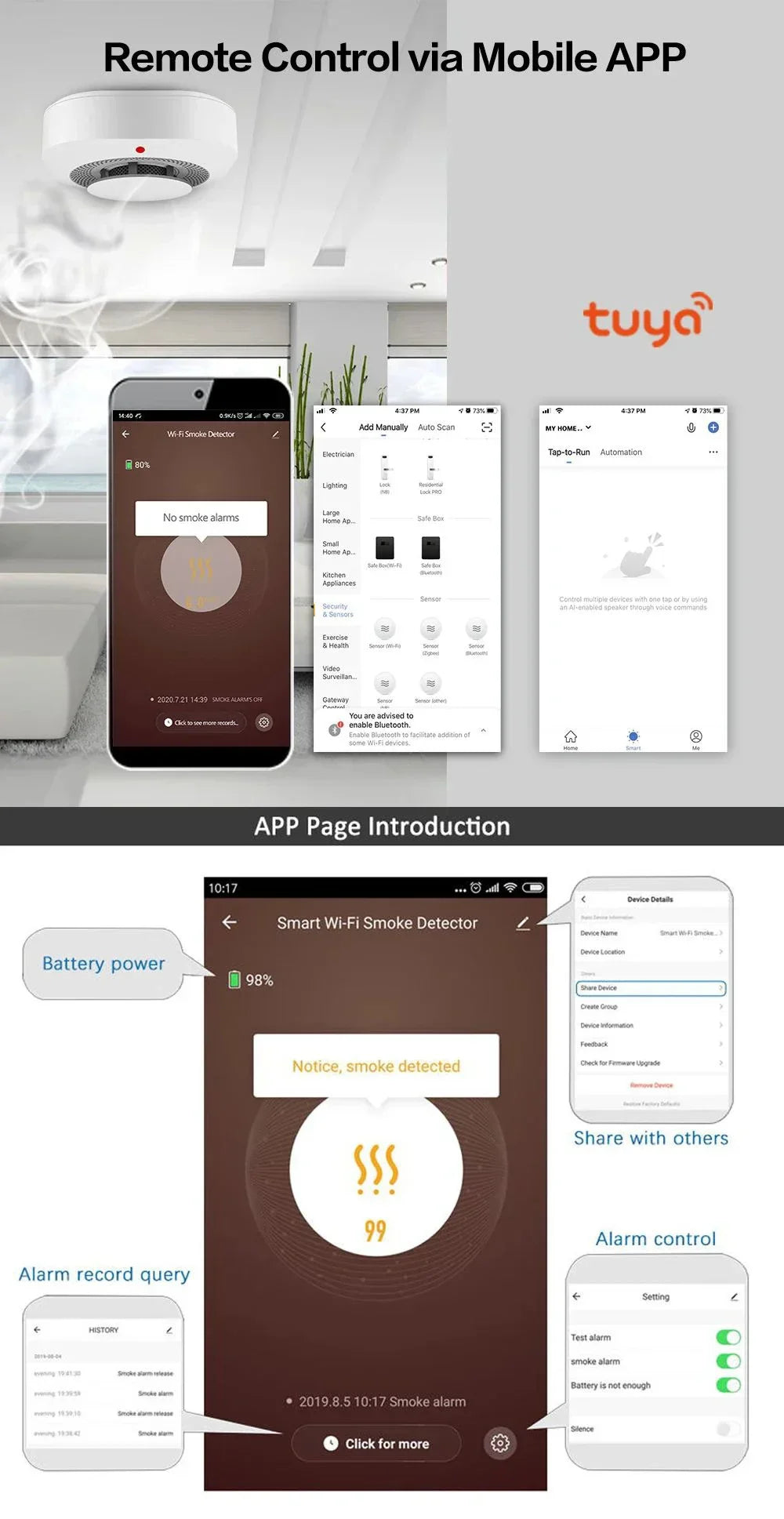 Détecteur de fumée et alarme intelligente Tuya - Alarme 80db contrôlée par WiFi via les applications SmartLife Google Alexa