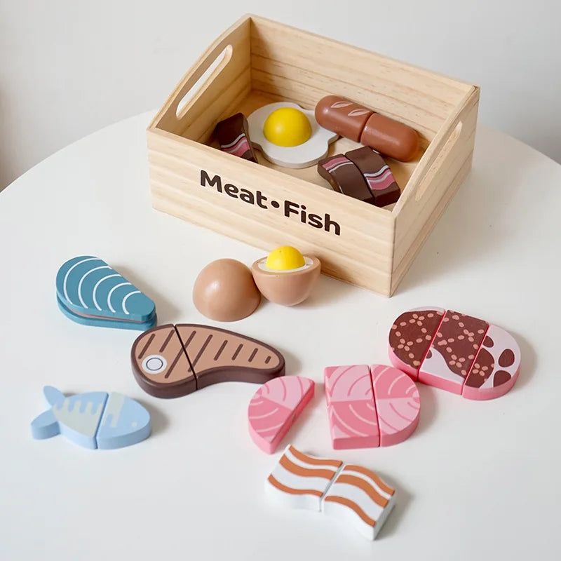 Ensemble de jeu de cuisine en bois pour enfants avec accessoires alimentaires à découper - Fruits, Légumes et jouets de boulangerie