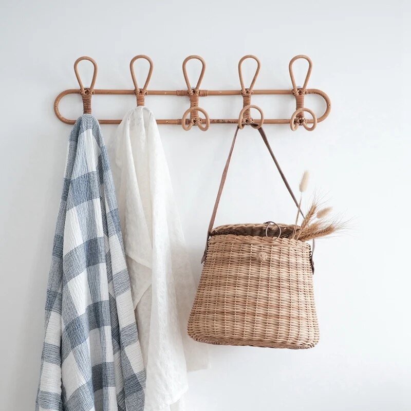 Organisateur mural en rotin naturel pour enfants - 3 et 5 crochets