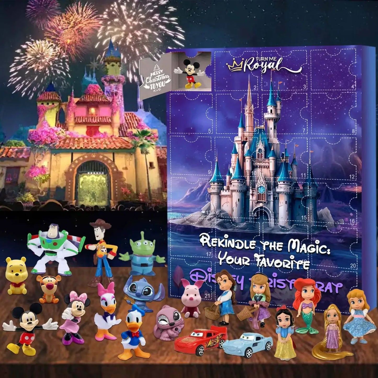 Calendrier de l'Avent de Noël 2024 avec des jouets Mickey, Minnie, Stitch et Hello Kitty pour enfants