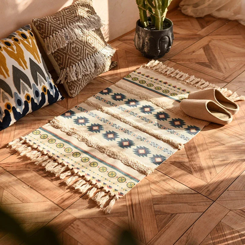 Tapis tissé à la main rétro-bohème 60x90 cm – Tapis à franges pour salon et décoration intérieure