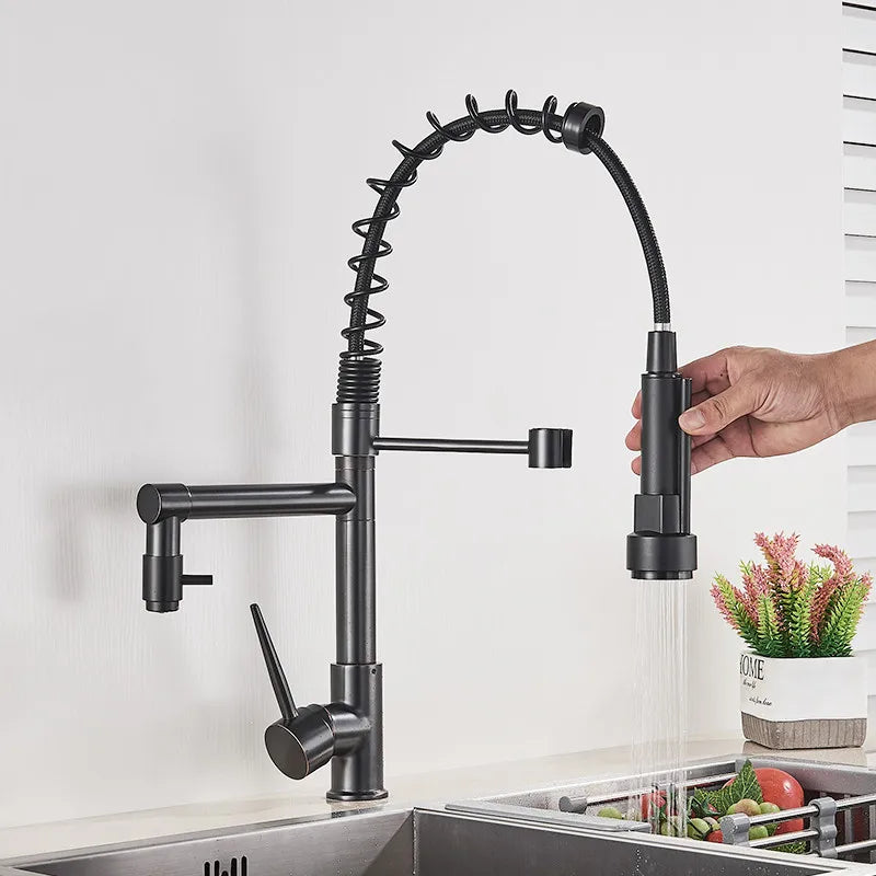 StreamFlex - Robinet de cuisine luxueux rétractable en noir et or rose