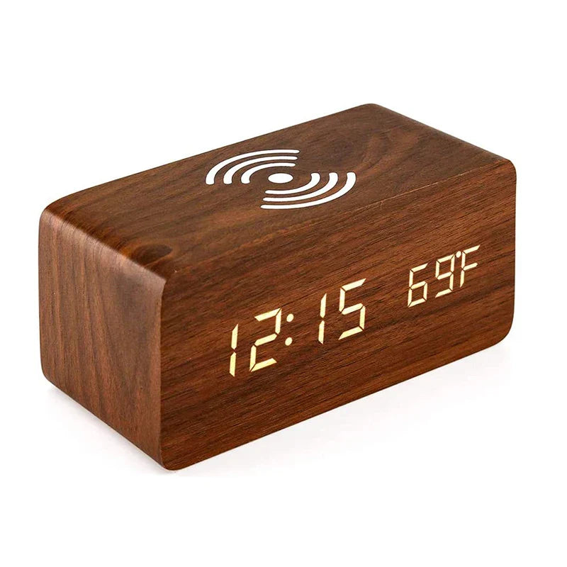 EcoHorloge – Horloge LED en bois avec affichage de la température et chargement sans fil