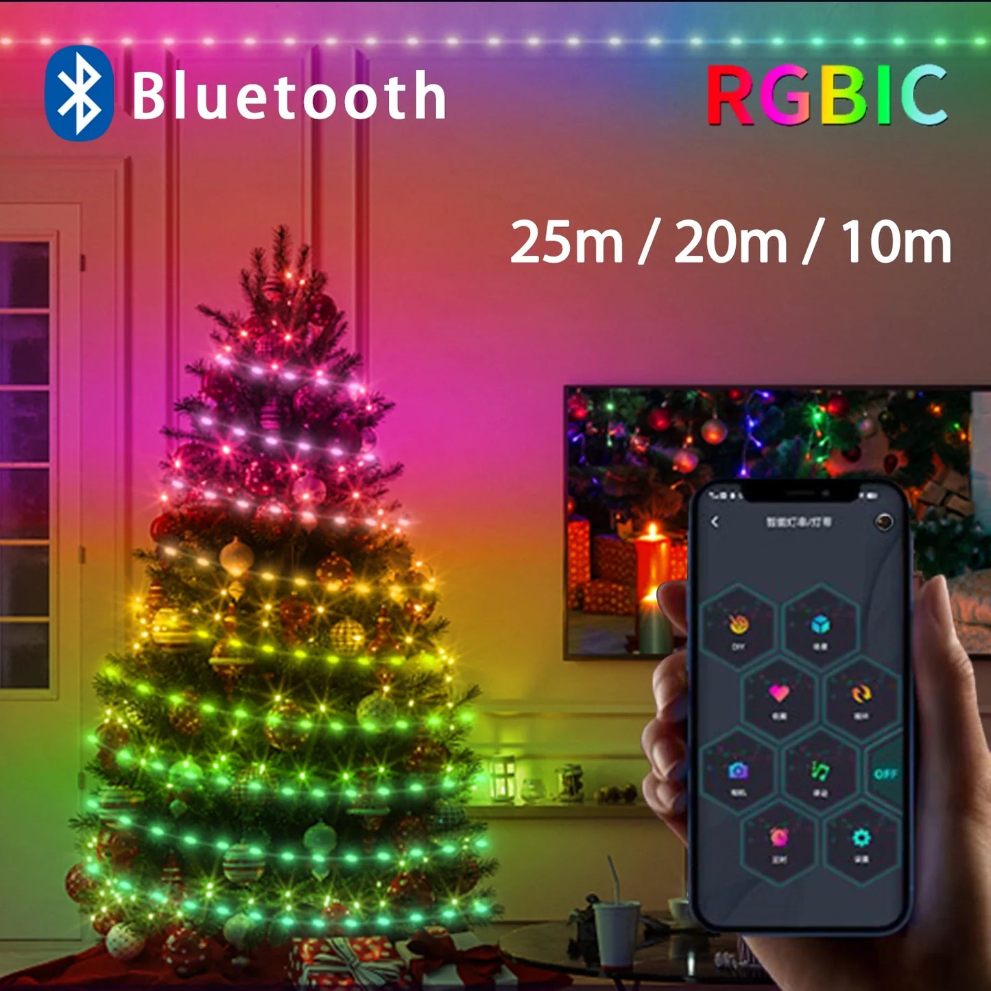 Guirlande lumineuse à LED Bluetooth Fairy pour Noël - Guirlande étanche pour sapin de Noël, décoration de vacances contrôlée par application et télécommande