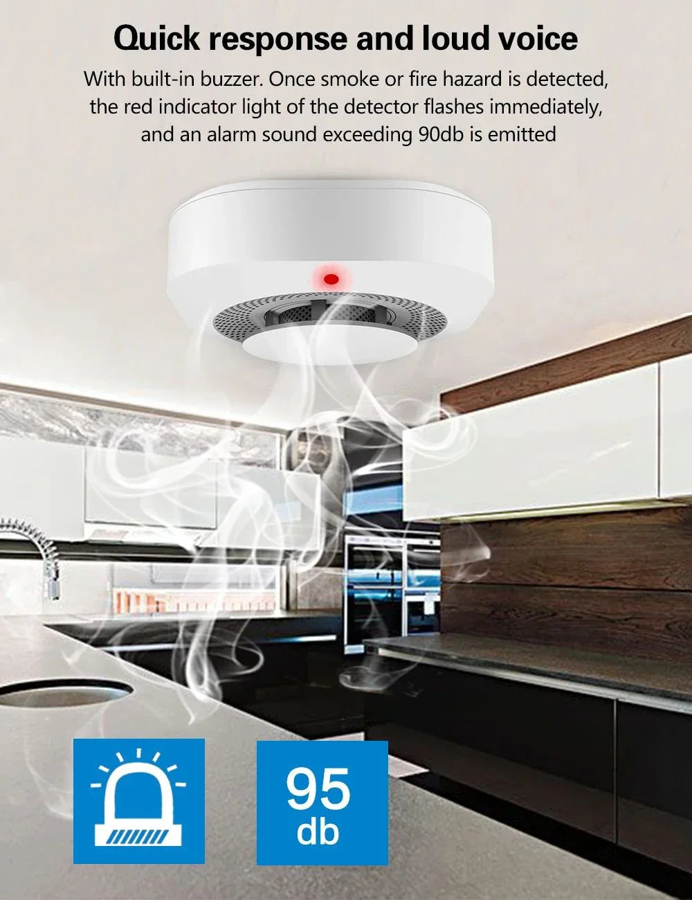 Détecteur de fumée et alarme intelligente Tuya - Alarme 80db contrôlée par WiFi via les applications SmartLife Google Alexa