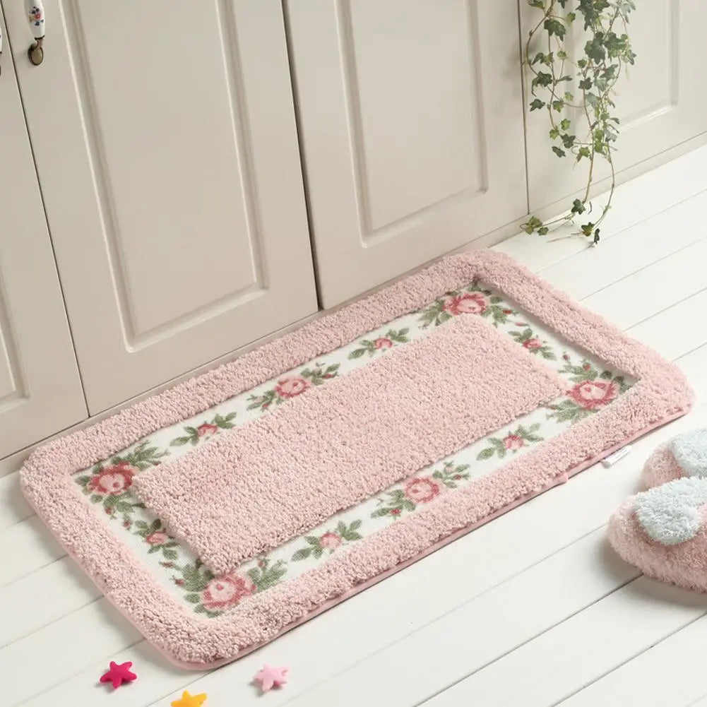Tapis de salle de bain de style maison de campagne avec motif de rose - Tapis rectangulaire moelleux antidérapant et absorbant l'eau pour portes et sols