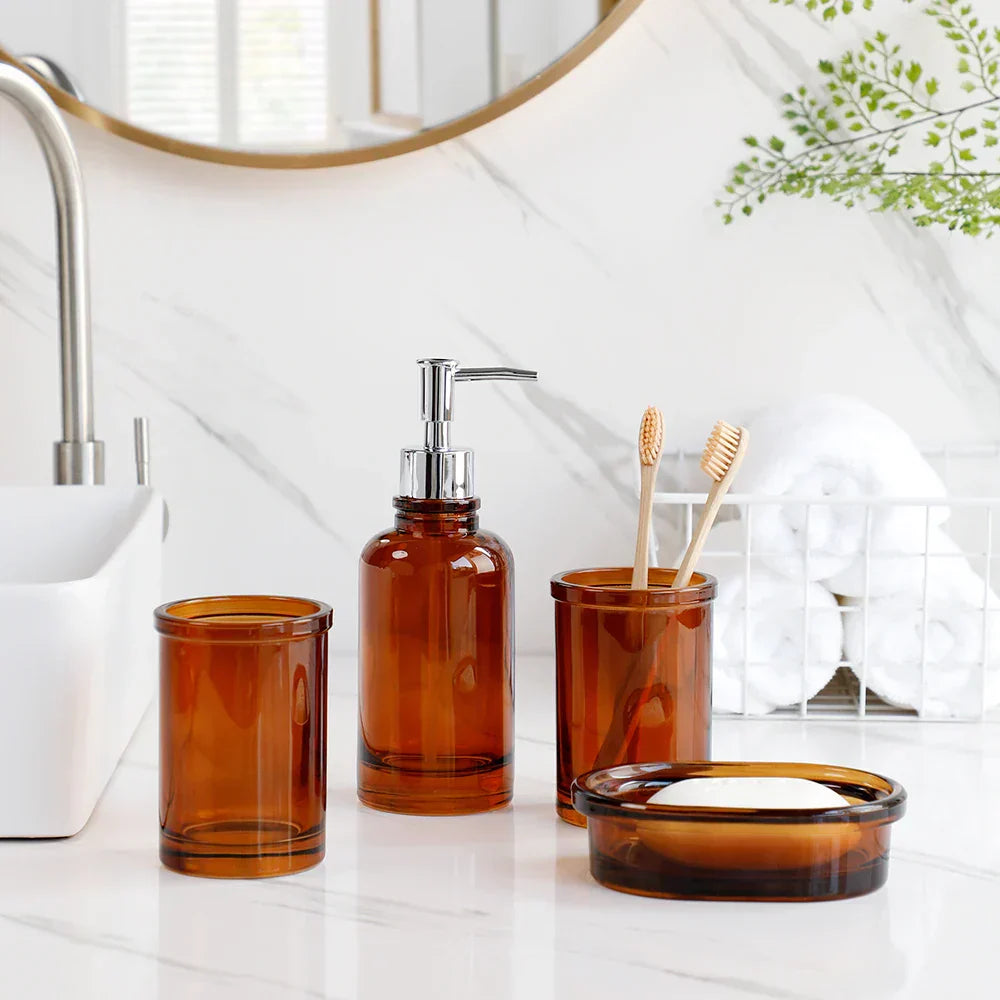 Floroux Glass Bathroom Set | 4 Pieces | Elegant Apothecary Design | Soap Dispenser, Toothbrush Holder and Accessories
