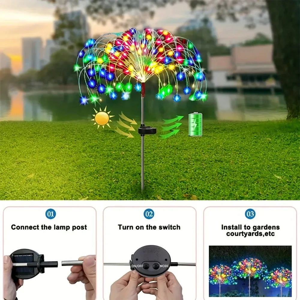 Lumières de Noël Colorées en Feu d'Artifice Solaire - 8 Modes Décor Étanche pour Jardins pour Fêtes en Extérieur, Terrasses et Allées - Design en Fil de Cuivre Flexible