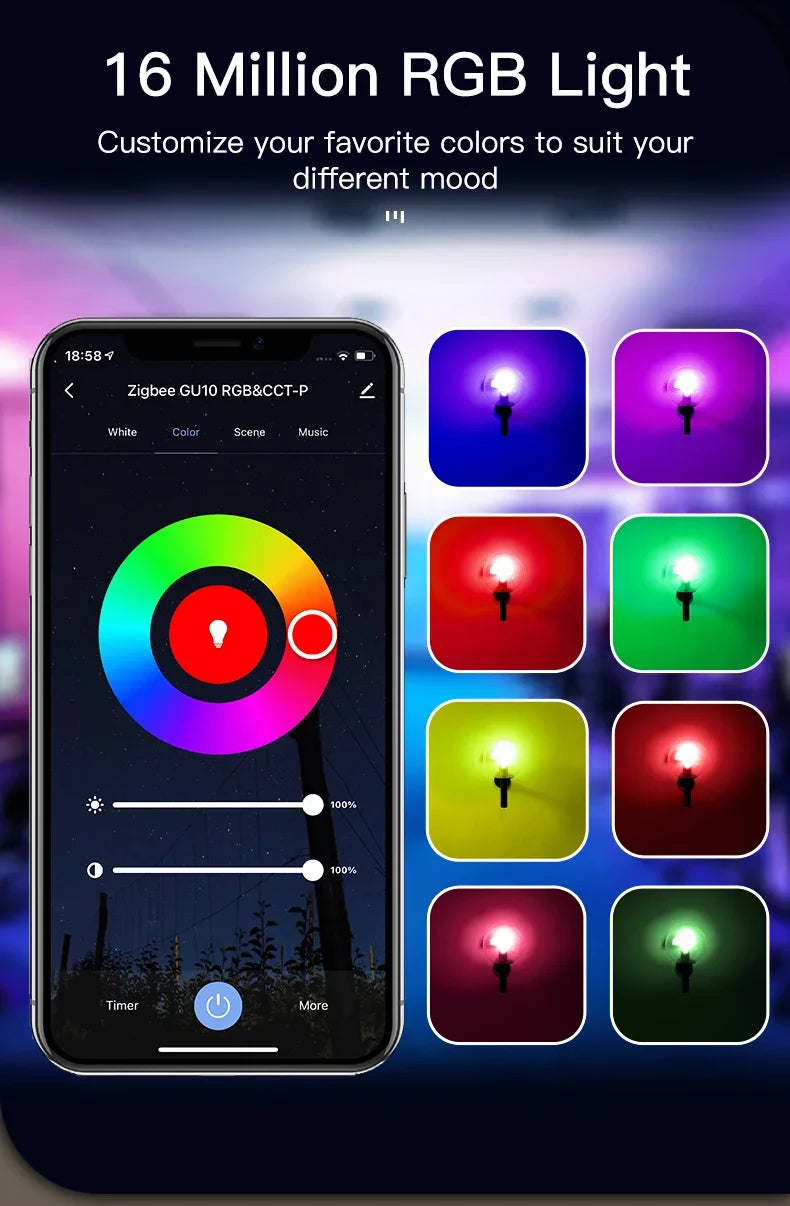 Ampoules LED sans fil Tuya Zigbee GU10 - RGB Dimmable Contrôle appareil WiFi via les applications SmartLife Google Alexa
