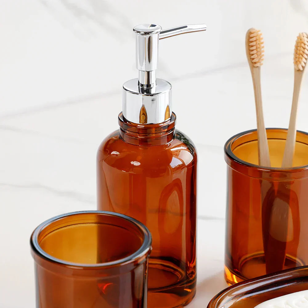 Floroux Glass Bathroom Set | 4 Pieces | Elegant Apothecary Design | Soap Dispenser, Toothbrush Holder and Accessories