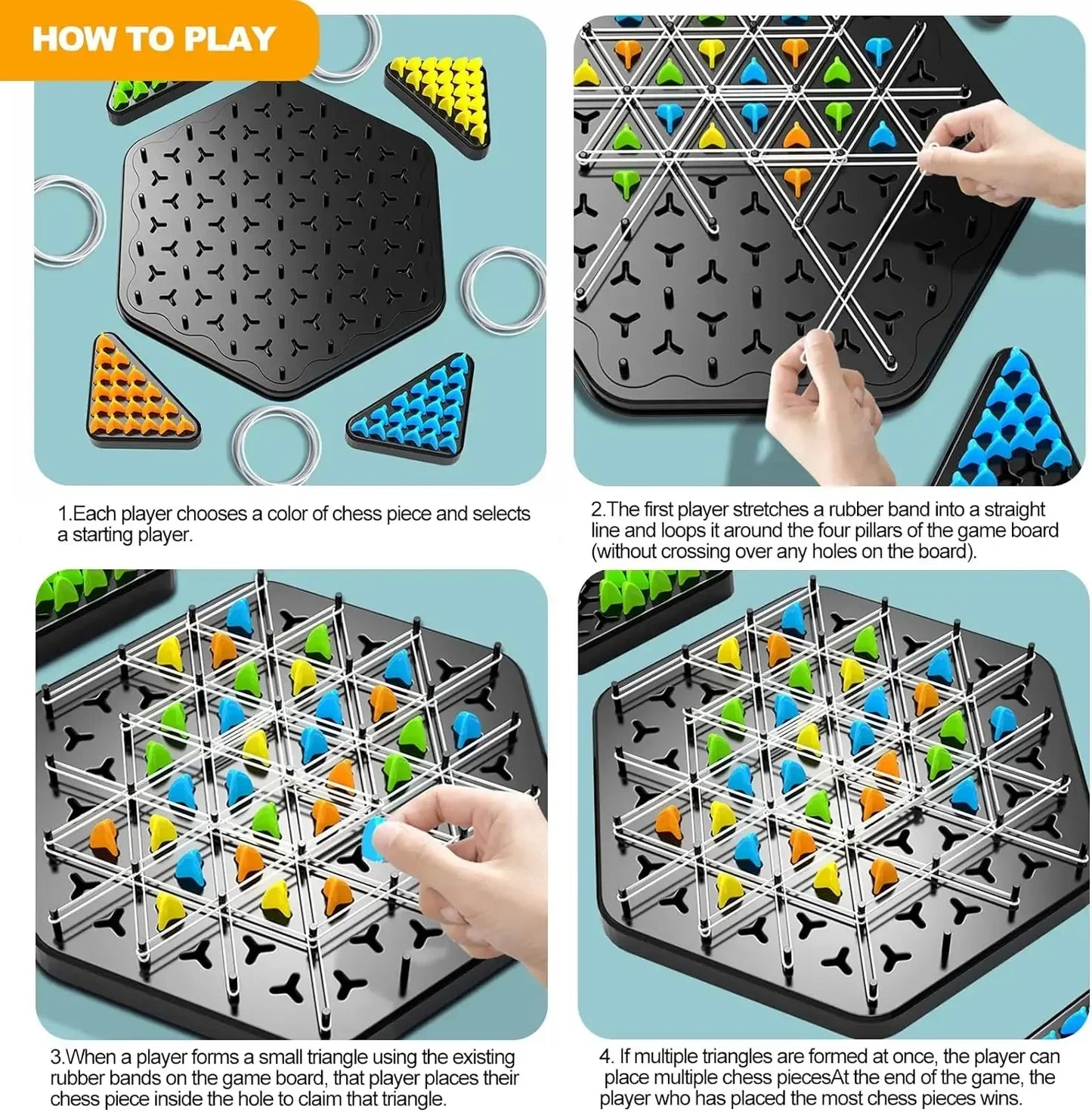 Jeu d'échecs Triangle Strategy pour 2-4 joueurs - Jeu de société amusant en famille pour enfants et adultes avec défi de bande en caoutchouc