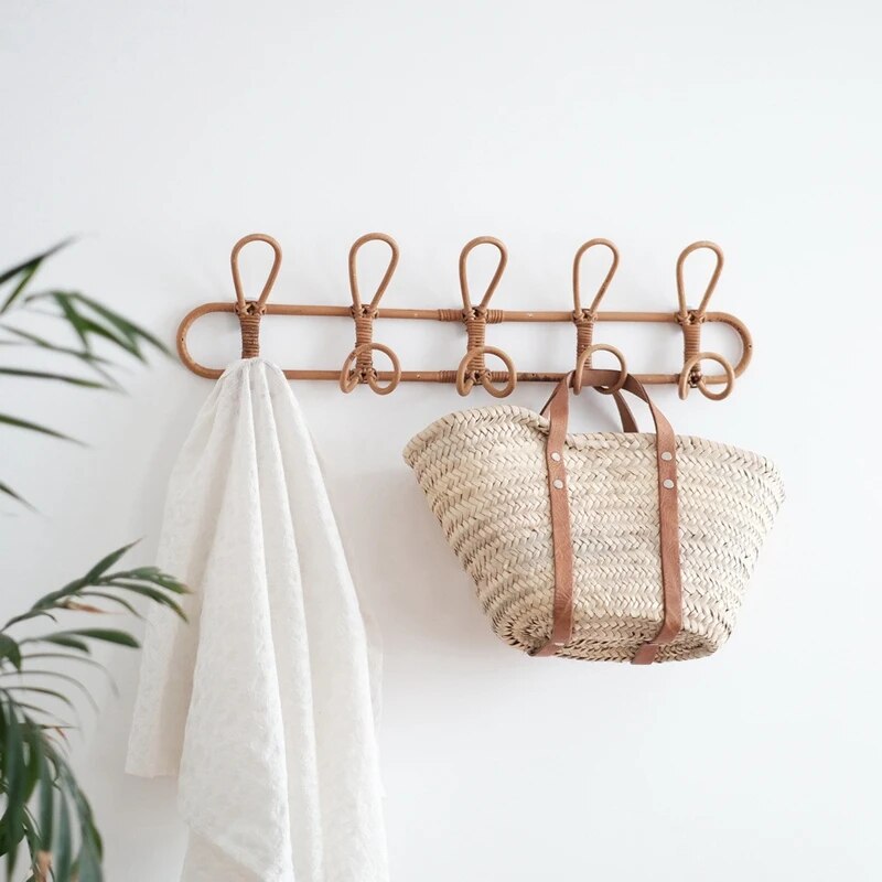 Organisateur mural en rotin naturel pour enfants - 3 et 5 crochets