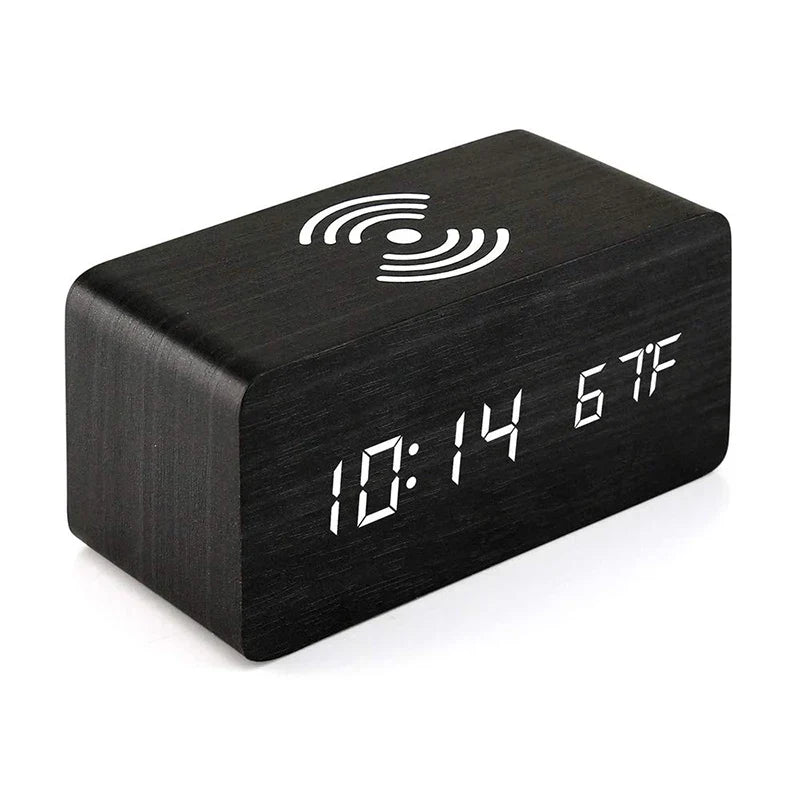 EcoHorloge – Horloge LED en bois avec affichage de la température et chargement sans fil