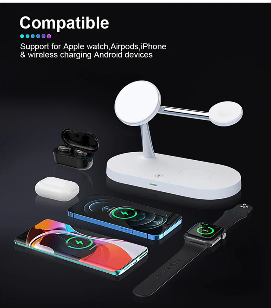 15W 4in1 MagSafe Qi Support de Charge sans Fil pour iPhone et Samsung - Chargeur de Bureau Rapide