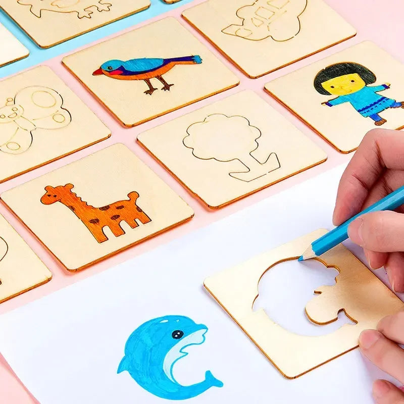 Ensemble de pochoirs art en bois DIY pour enfants - Outils de peinture et de dessin créatifs, fournitures d'art éducatives