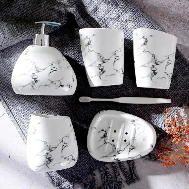 Floroux Set de salle de bain 7 pièces | Design en marbre élégant | Accessoires de bain luxueux et pratiques